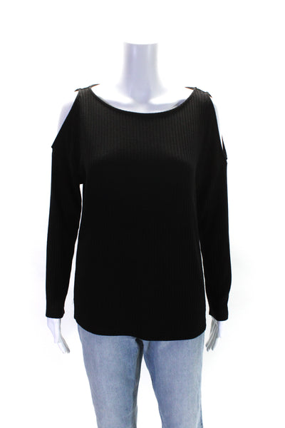 Splendid Womens Ribbed Knit Boat Neck Cold Shoulder Long Sleeve Top Black Size M