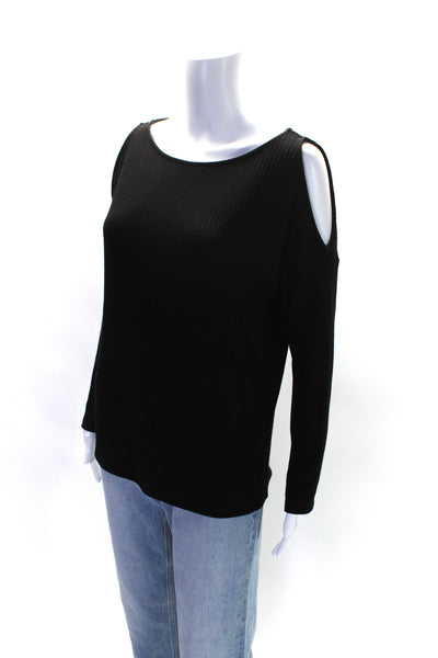 Splendid Womens Ribbed Knit Boat Neck Cold Shoulder Long Sleeve Top Black Size M