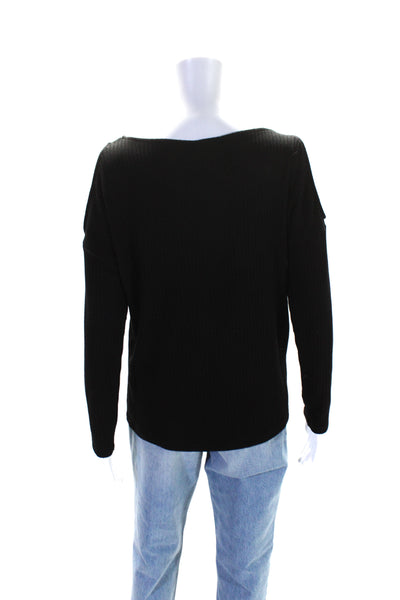 Splendid Womens Ribbed Knit Boat Neck Cold Shoulder Long Sleeve Top Black Size M