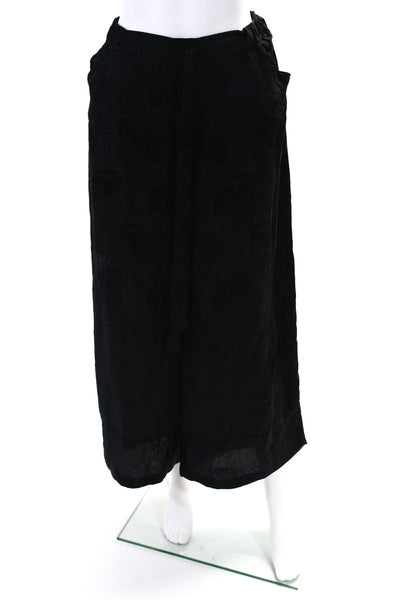 Warm Womens High Rise Drawstring Leaf Print Silk Wide Leg Pants Black Size Small