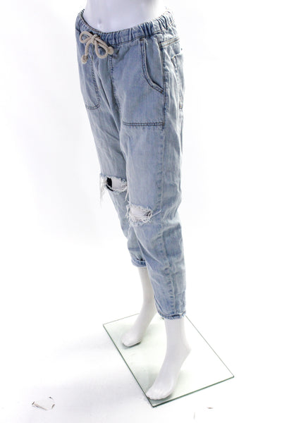 One Teaspoon Womens High Rise Drawstring Distressed Denim Pants Blue Size Small