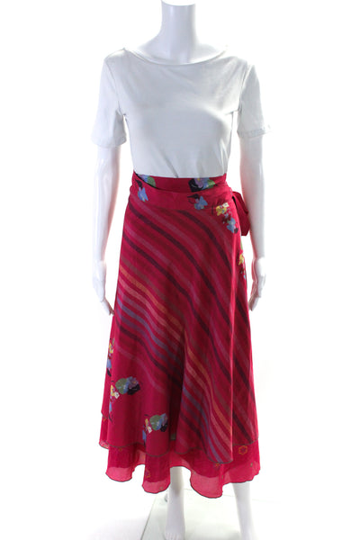 Kariza Womens Satin Floral Striped Wrap Skirt Pink Multi One Size