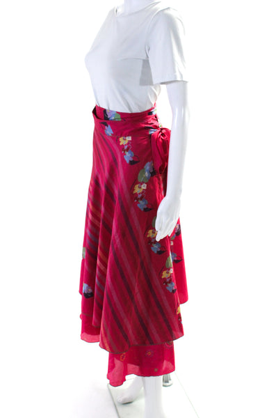 Kariza Womens Satin Floral Striped Wrap Skirt Pink Multi One Size