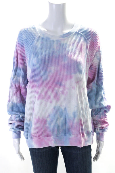 Electric & Rose Womens Waffle Knit Crew Neck Tie Dyed Sweater White Blue Medium