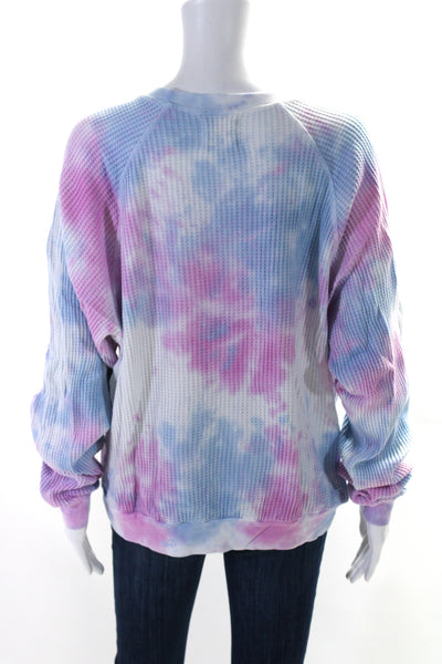 Electric & Rose Womens Waffle Knit Crew Neck Tie Dyed Sweater White Blue Medium