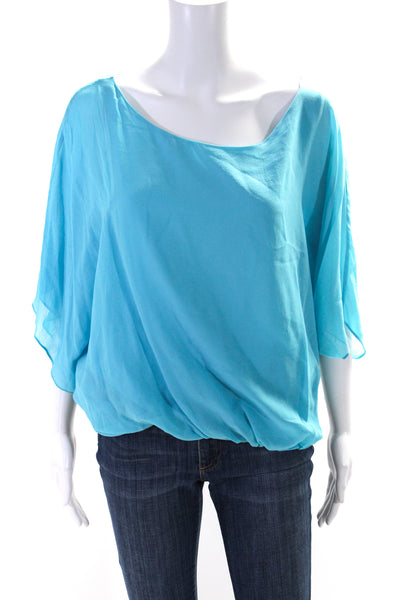 Alice + Olivia Womens Half Sleeve Scoop Neck Draped Silk Top Blue Size Medium