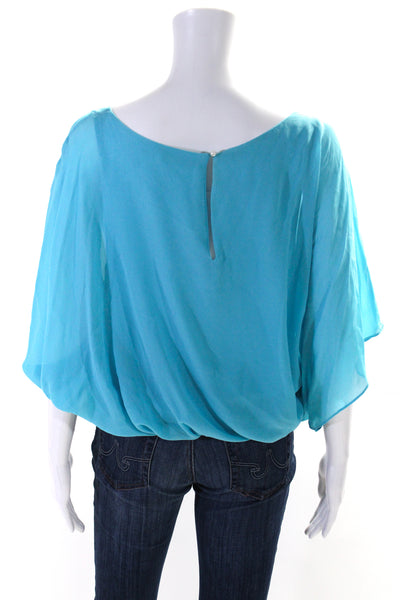 Alice + Olivia Womens Half Sleeve Scoop Neck Draped Silk Top Blue Size Medium