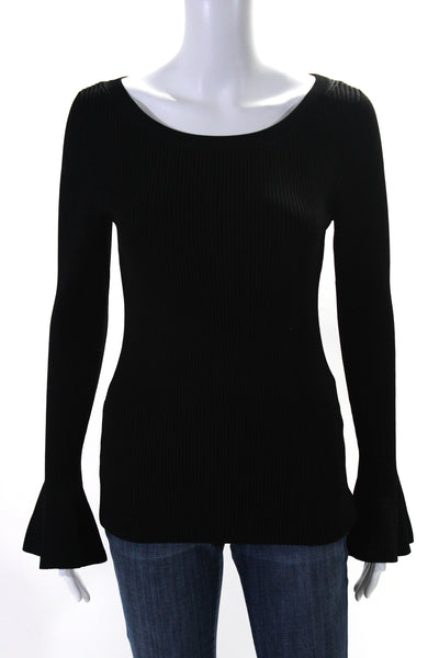 Michael Michael Kors Womens Long Sleeve Ribbed Scoop Neck Shirt Black Medium