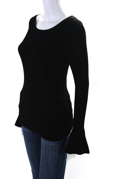 Michael Michael Kors Womens Long Sleeve Ribbed Scoop Neck Shirt Black Medium