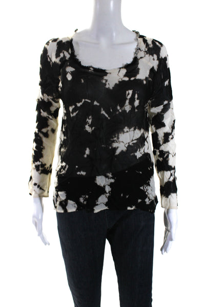 Enza Costa Womens Black White Tie Dye Raw Hem Long Sleeve Blouse Top Size 0