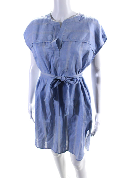 Lem Lem Womens Short Sleeve V Neck Striped Belted Dress Blue Cotton Size Small