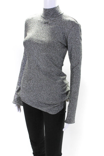 Off White Womens Long Sleeve Mock Neck Metallic Knit Shirt Silver Tone IT 40