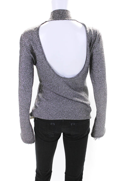 Off White Womens Long Sleeve Mock Neck Metallic Knit Shirt Silver Tone IT 40