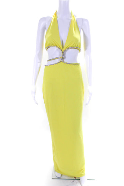 Meshki Womens Jeweled Cut Out Sleeveless Evening Gown Yellow Size Small