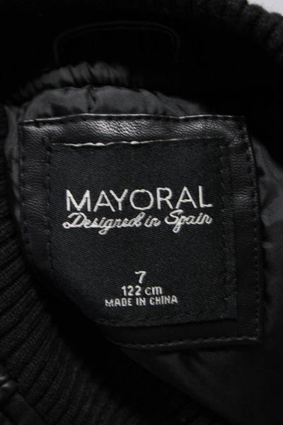 Mayoral Girls Faux Leather Long Sleeve Full Zip Bomber Jacket Black Size 7US