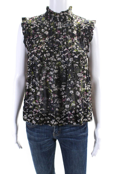 Ganni Womens Black Floral Pleated Crew Neck Sleeveless Blouse Top Size 36