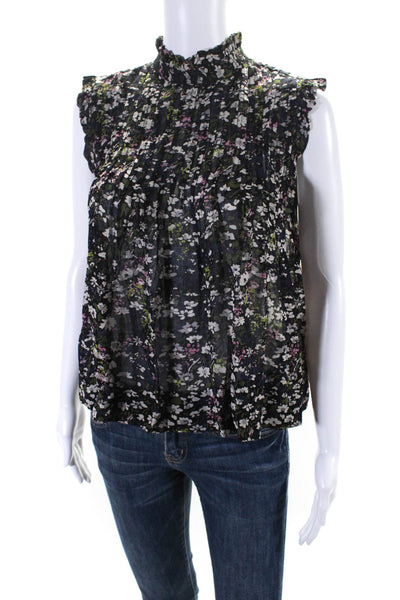 Ganni Womens Black Floral Pleated Crew Neck Sleeveless Blouse Top Size 36