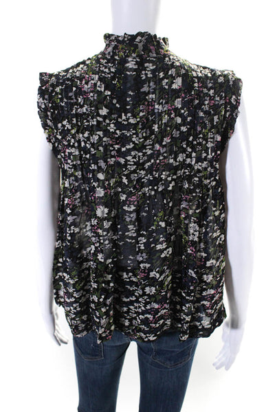 Ganni Womens Black Floral Pleated Crew Neck Sleeveless Blouse Top Size 36