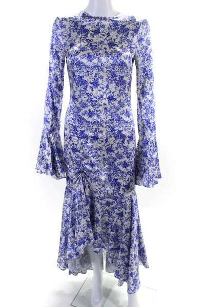 Caroline Constas Womens Floral Flounce Sleeve Ruched Ruffled Gown Blue Size S