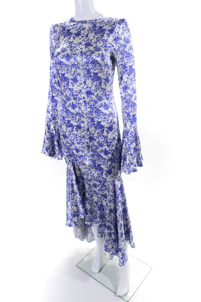 Caroline Constas Womens Floral Flounce Sleeve Ruched Ruffled Gown Blue Size S