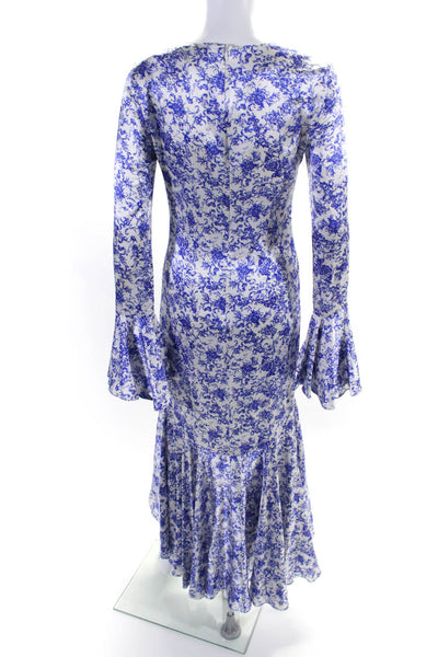 Caroline Constas Womens Floral Flounce Sleeve Ruched Ruffled Gown Blue Size S