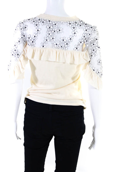 Elie Tahari Womens Floral Print Short Sleeves Sweater White Black Size Extra Sma