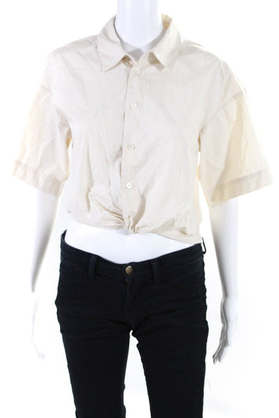 Frame Womens Short Sleeves Button Down Cropped Shirt Beige Cotton Size Small