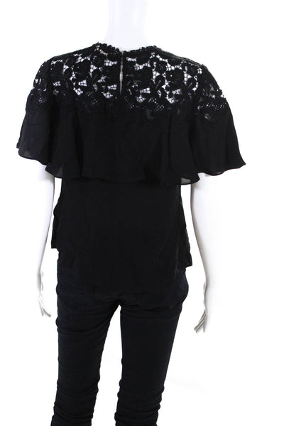 Rebecca Taylor Womens Silk Crochet Short Sleeves Crew Neck Blouse Black Size 4