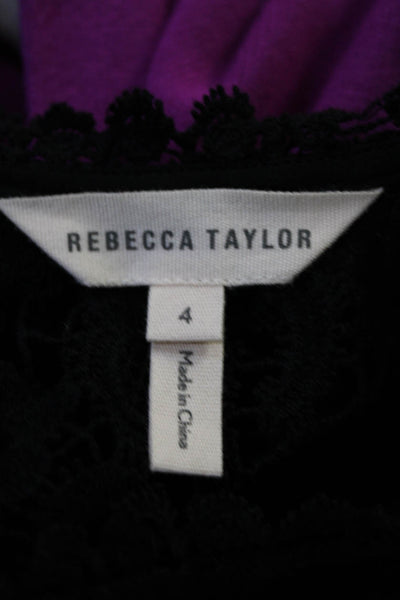 Rebecca Taylor Womens Silk Crochet Short Sleeves Crew Neck Blouse Black Size 4