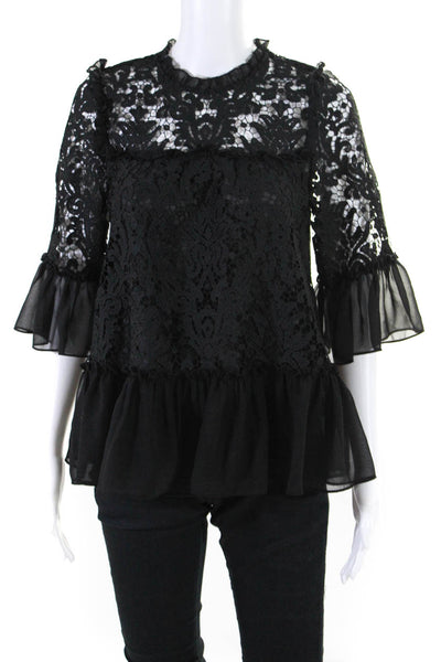 Kate Spade New York Womens Crochet Ruffled Long Sleeves Blouse Black Size Small