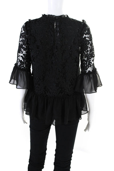 Kate Spade New York Womens Crochet Ruffled Long Sleeves Blouse Black Size Small