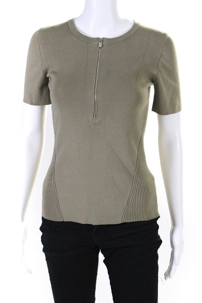 Witchery Womens Half Zip Short Sleeve Crew Neck Ribbed Knit Shirt Brown Size 2XS