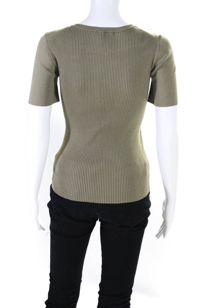 Witchery Womens Half Zip Short Sleeve Crew Neck Ribbed Knit Shirt Brown Size 2XS