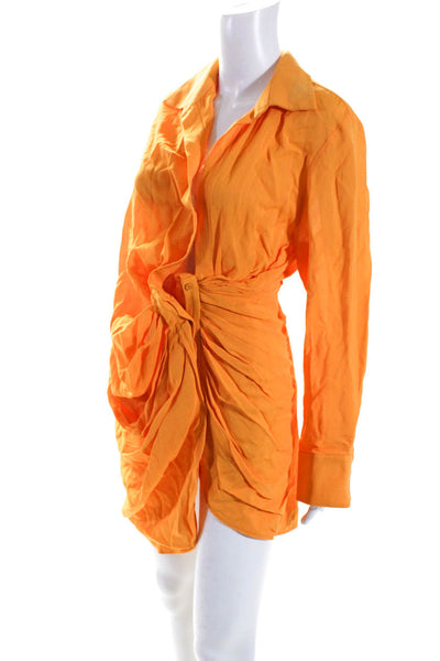 Jacquemus Womens Bright Orange V-neck Ruched Long Sleeve Bodycon Dress Size 34