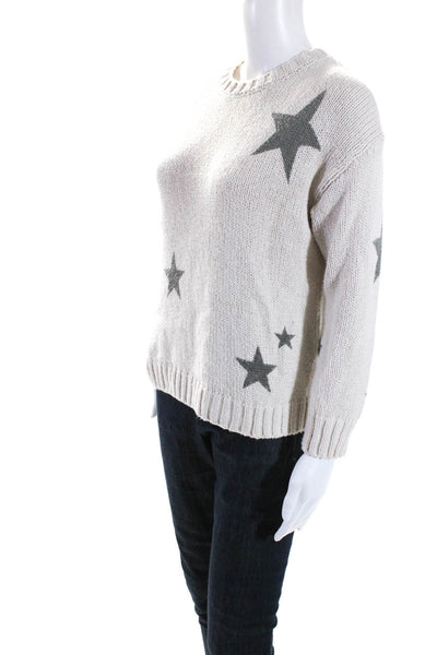 Splendid Womens Pullover Crew Neck Star Sweater White Gray Cotton Size XS