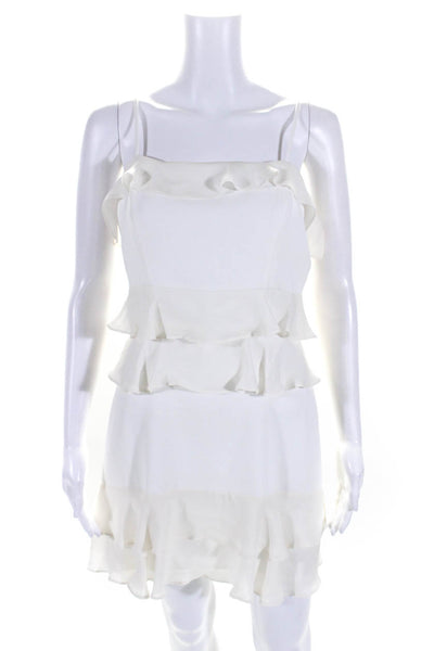 Parker Womens Square Neck Zipped Ruffled Sleeveless Tiered Dress White Size 4