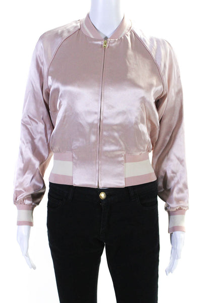 Little Moon Womens Satin Long Sleeve Full Zip Bomber Jacket Light Pink Size XS