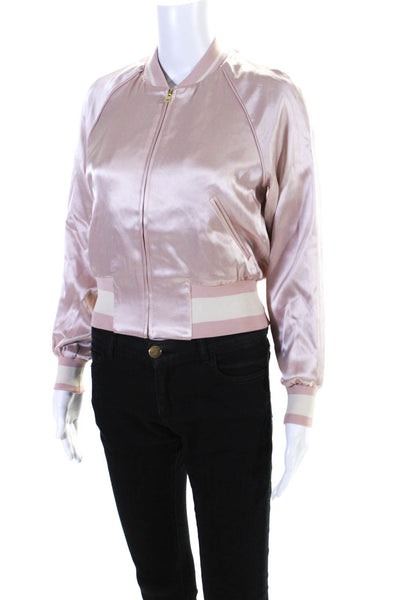 Little Moon Womens Satin Long Sleeve Full Zip Bomber Jacket Light Pink Size XS