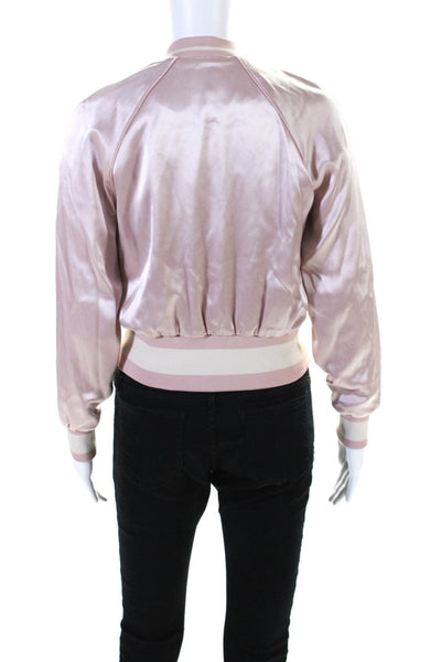 Little Moon Womens Satin Long Sleeve Full Zip Bomber Jacket Light Pink Size XS