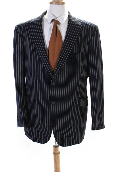 Lanificio Mens Striped Two Button Blazer Jacket Black Blue Wool Size 46 Regular