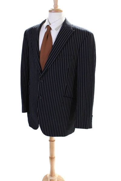 Lanificio Mens Striped Two Button Blazer Jacket Black Blue Wool Size 46 Regular