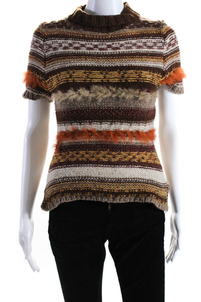 Rosso Disera Womens Wool Textured Patchwork Short Sleeve Sweater Brown Size S