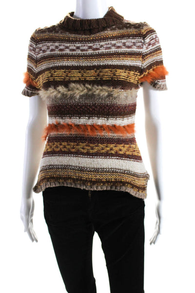 Rosso Disera Womens Wool Textured Patchwork Short Sleeve Sweater Brown Size S