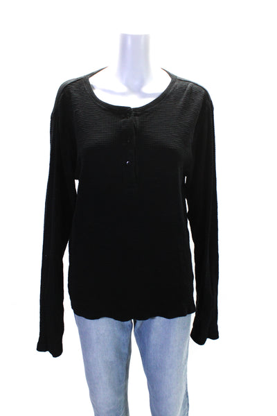 Redone Womens Cotton Textured Long Sleeve Buttoned Henley Top Black Size S