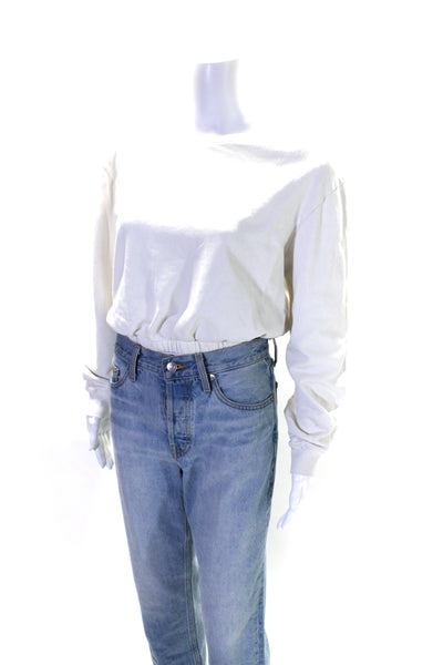 The Westside Womens Ruched Hem Long Sleeve Pullover Sweatshirt White Size S