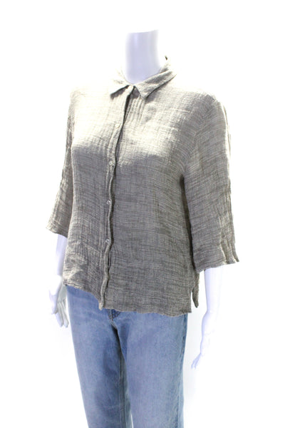 Eileen Fisher Womens Linen Textured Button Collared Long Sleeve Top Beige Size M