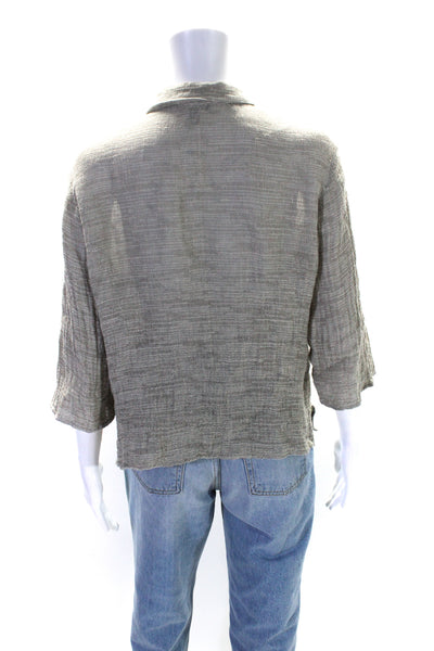 Eileen Fisher Womens Linen Textured Button Collared Long Sleeve Top Beige Size M