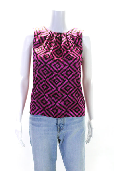 Tory Burch Women's Scoop Neck Sleeveless Silk Abstract Blouse Pink Black Size 2