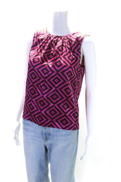 Tory Burch Women's Scoop Neck Sleeveless Silk Abstract Blouse Pink Black Size 2