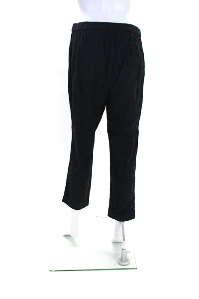 Theory Women's Elastic Waist Flat Front Straight Leg Linen Pant Black Size 8